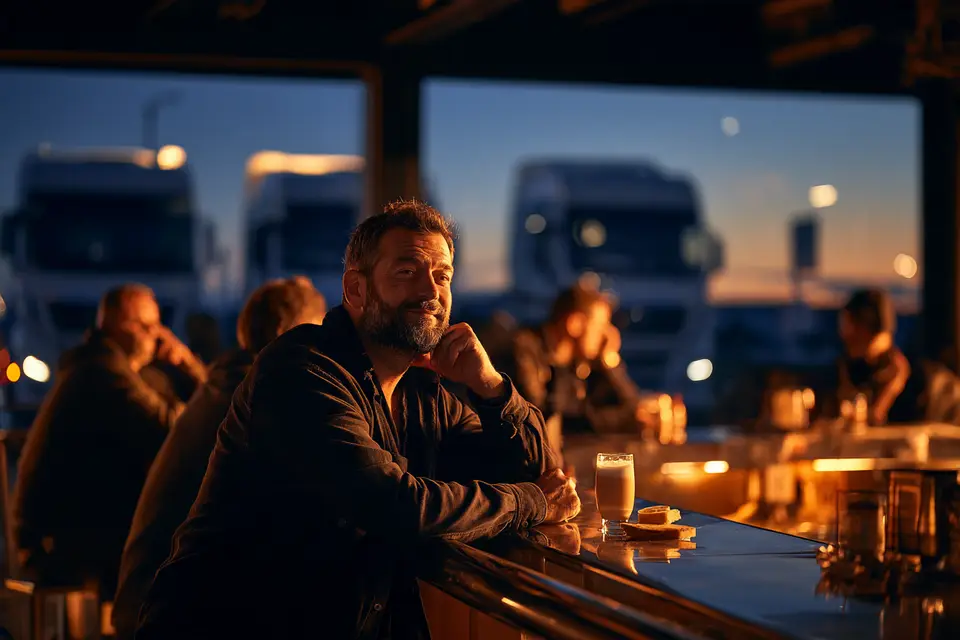 Camioneros en la barra de un bar de carretera al amanecer, con sus camiones al otro lado de la ventana.
