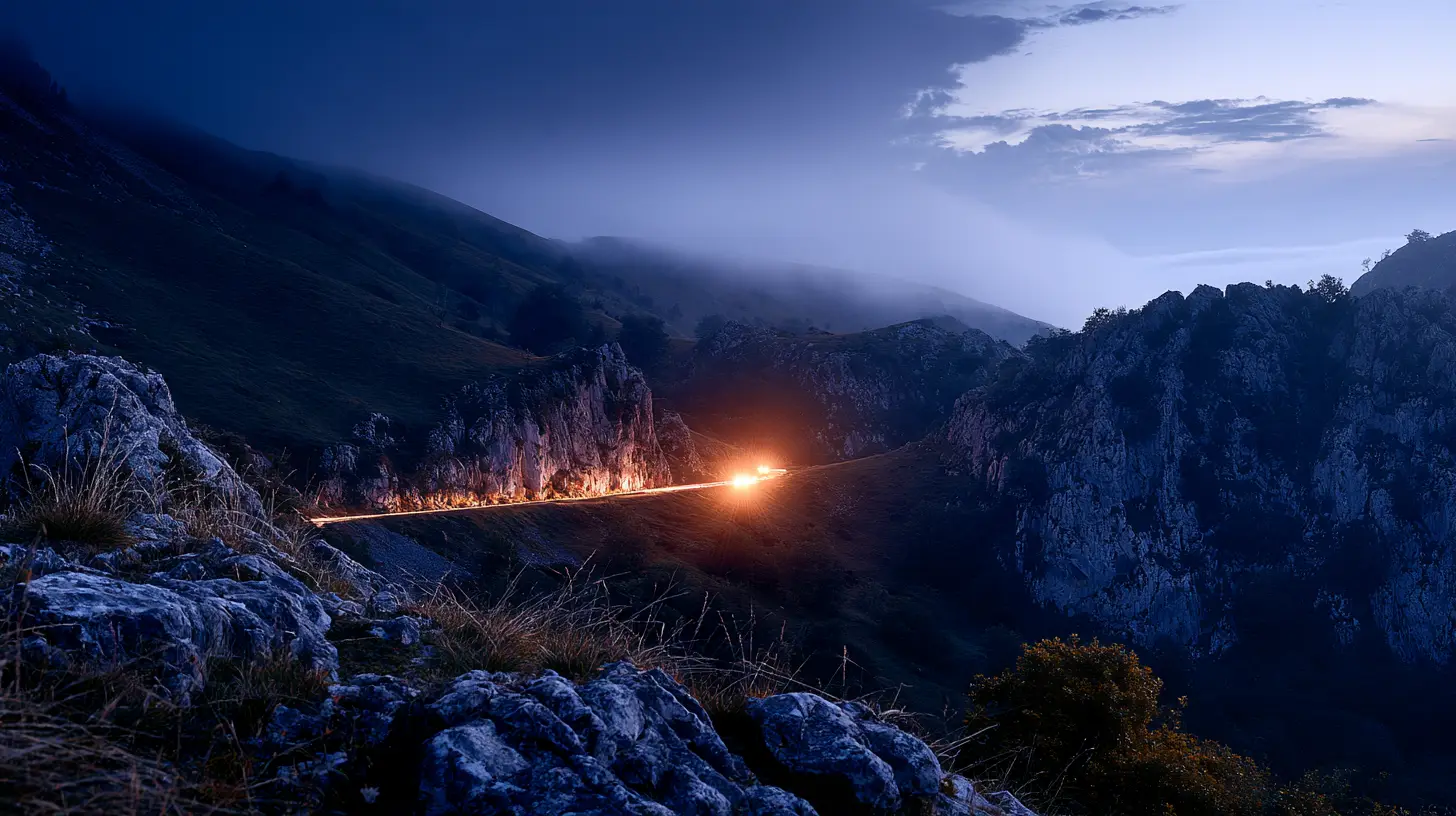 Un camión sube de noche por una carretera de montaña; solo se ven sus luces.