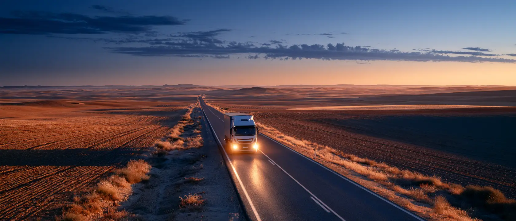 Un camión por una carretera recta de la meseta al amanecer.