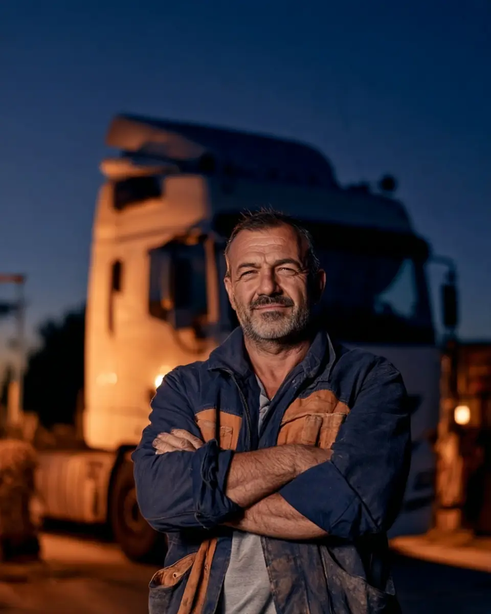 Un camionero autónomo, de brazos cruzados delante de su camión, al anochecer.